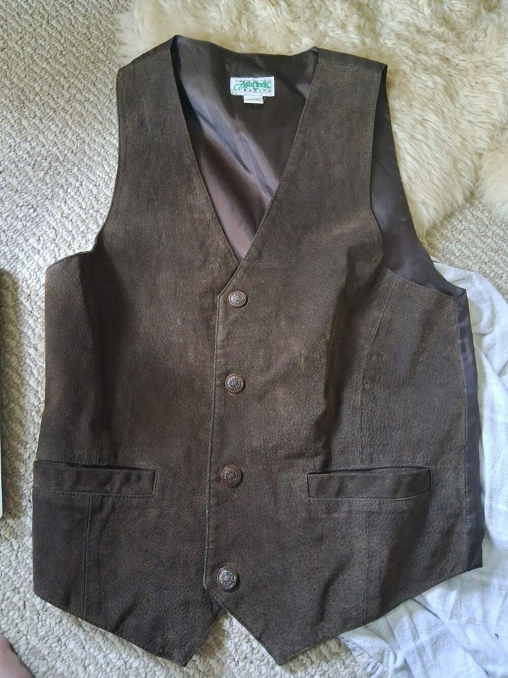 Vintage ASH Creek Trading Suede Vest Small Brown Leather Button Pockets Western